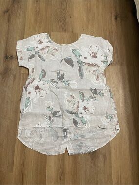 Floral Linen-Blend Scoop Neck Tunic in Cream with Mint Accents
